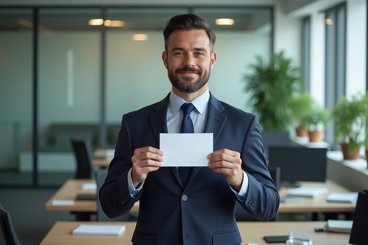 Homme en costume avec carte d'adieu dans un bureau moderne