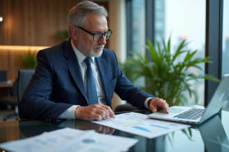 Homme d'affaires en costume regardant des documents financiers