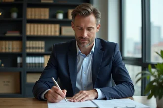 Homme d'affaires en costume bleu examinant des documents fiscaux