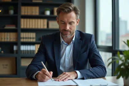 Homme d'affaires en costume bleu examinant des documents fiscaux