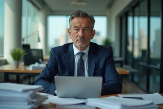 Homme d'affaires sceptique dans un bureau moderne