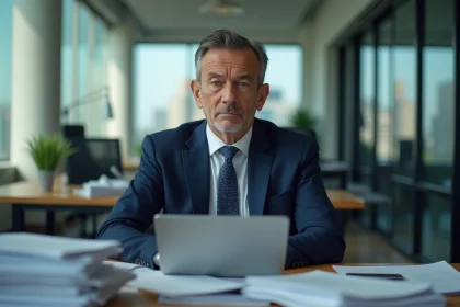 Homme d'affaires sceptique dans un bureau moderne