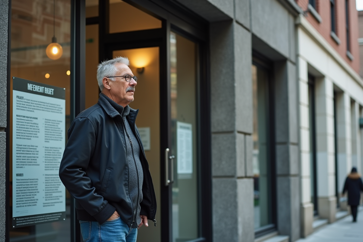 Homme regarde affiche sur ses droits dans une agence emploi
