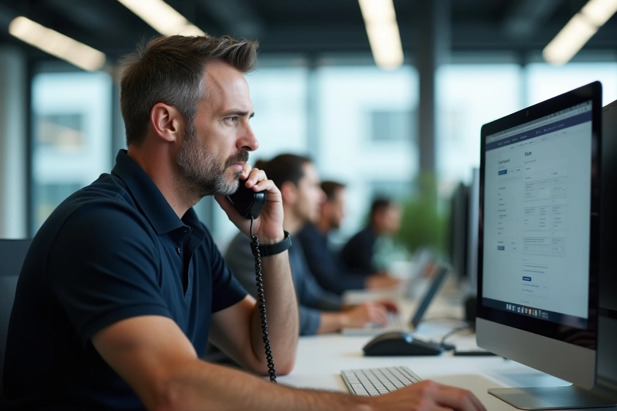 Homme contactant l'assistance a2micile par téléphone depuis un bureau professionnel