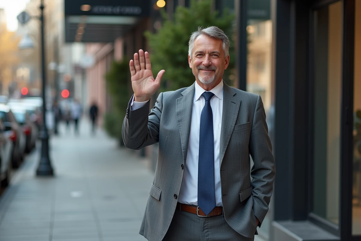Homme faisant signe au revoir devant un bâtiment urbain