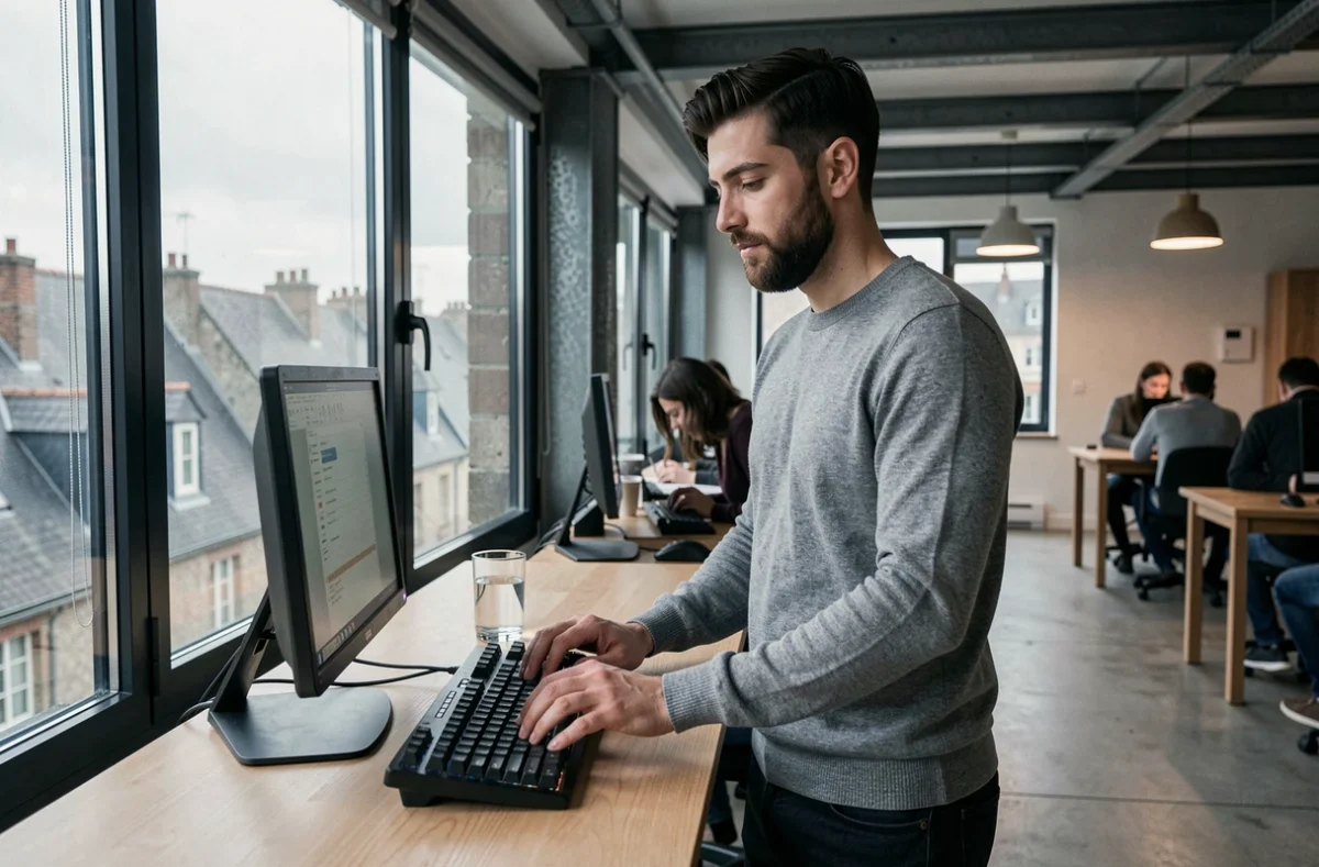 Homme travaillant debout à un bureau près d'une fenêtre donnant sur les toits de Saint-Brieuc dans un espace de coworking
