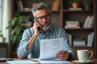 Homme d'âge moyen au bureau consulte une facture UPS