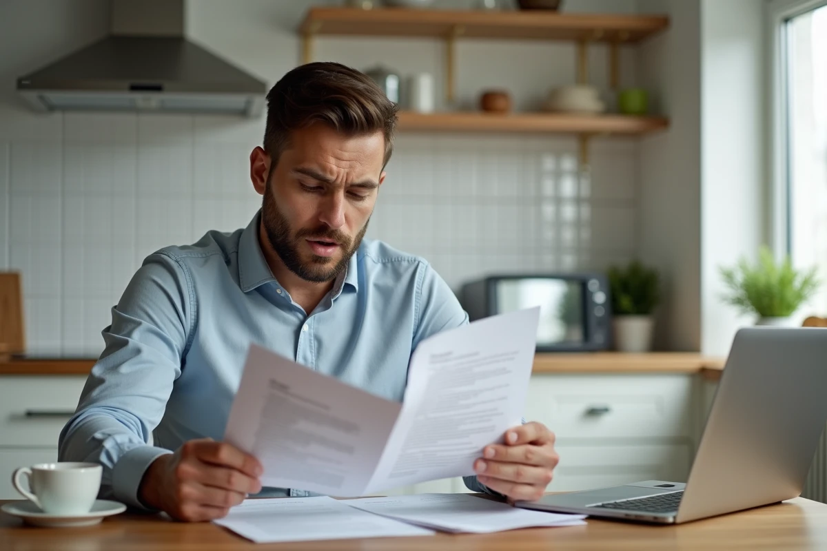 Homme comparant deux contrats de travail différents à domicile, représentant les distinctions entre contrat à temps plein et à temps partiel