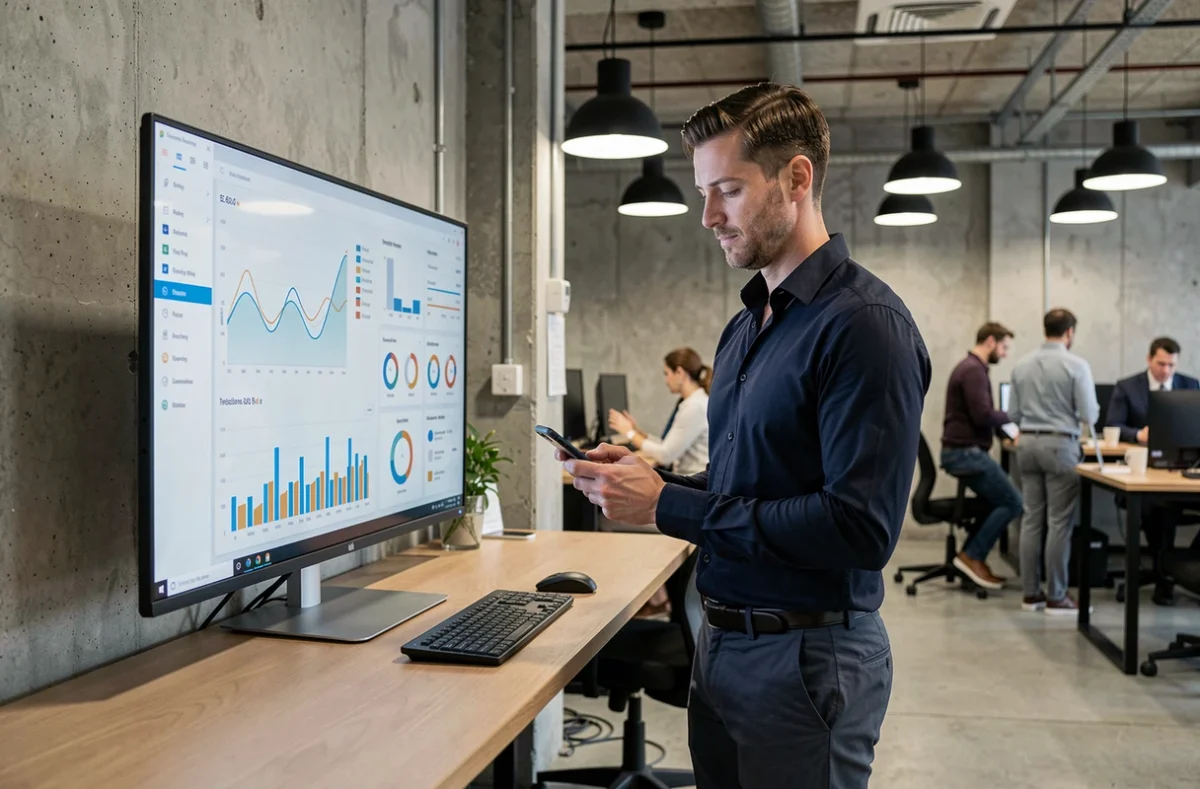 Homme analysant ses revenus en ligne sur un tableau de bord dans un espace de coworking professionnel