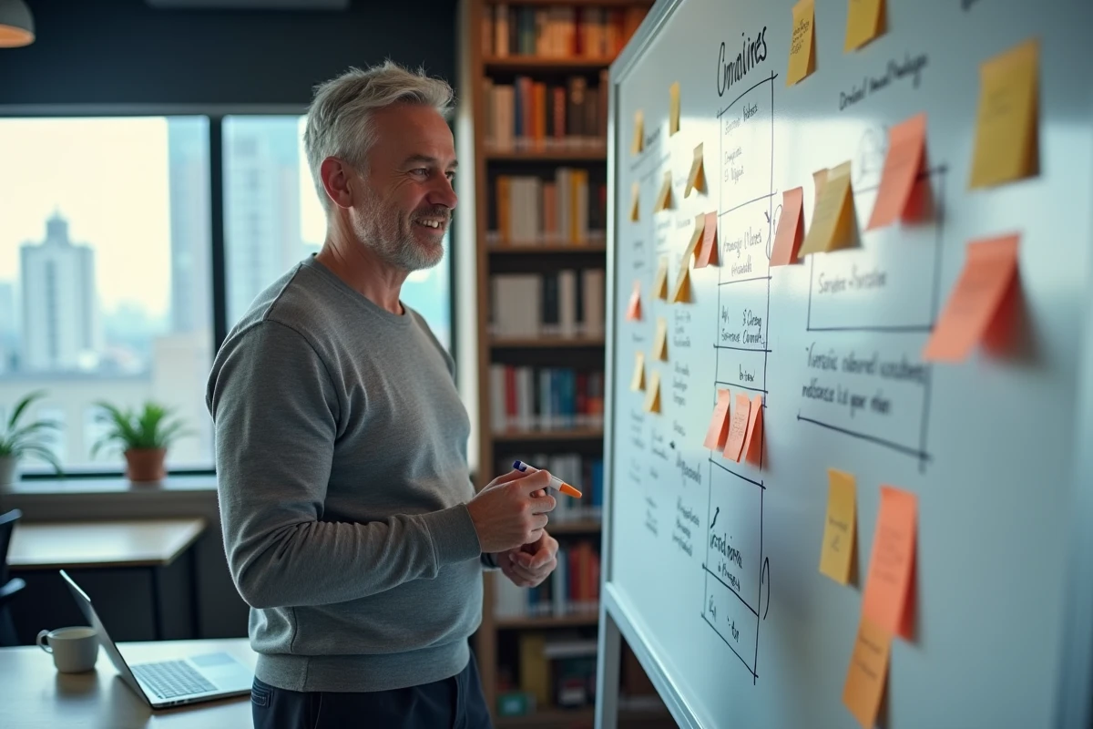 Homme entrepreneur de 50 ans devant un tableau de stratégie dans un bureau de startup
