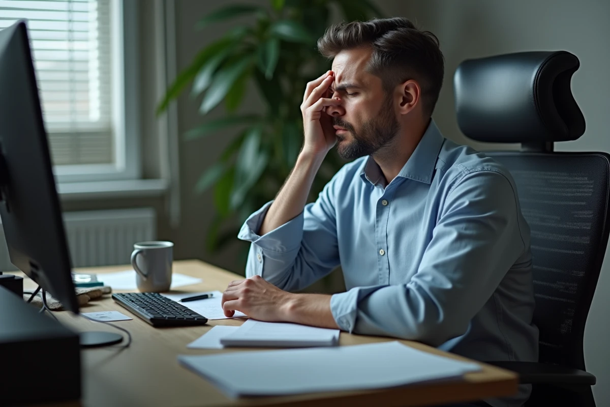 Homme épuisé à son bureau à domicile illustrant le mal-être et l'envie d'éviter le travail