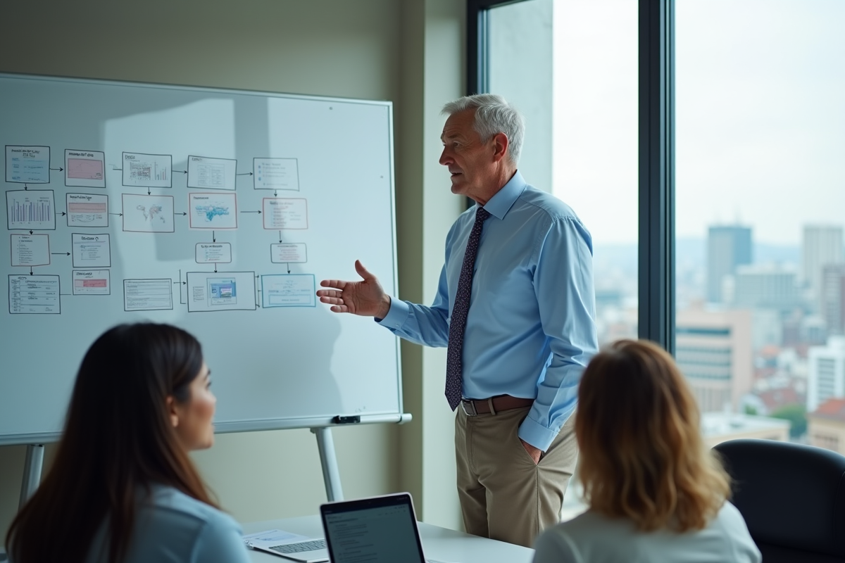 Homme d age explique des graphes en réunion