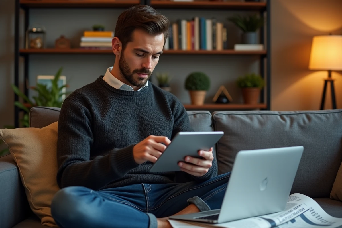 Homme lisant l'actualité économique sur une tablette dans un bureau à domicile pour suivre les tendances du marché