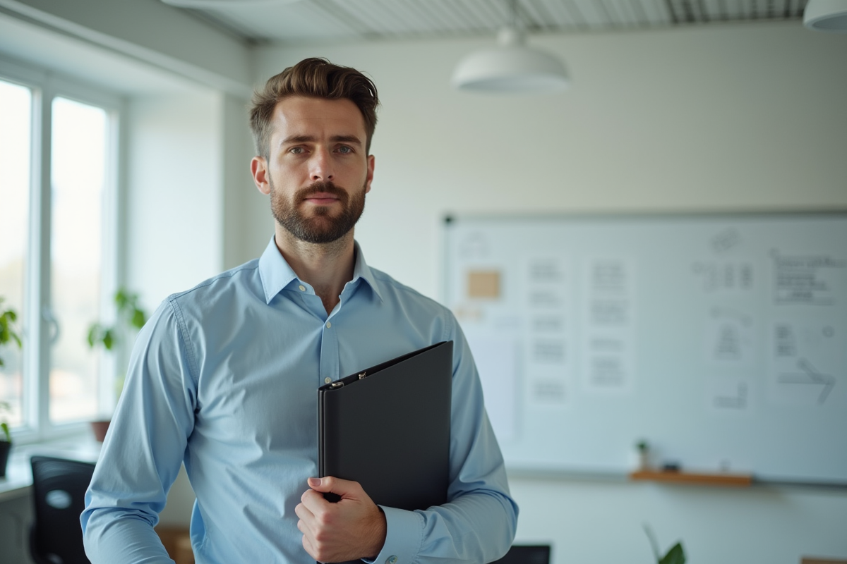 Homme en tenue décontractée dans un bureau avec classeur et tablette