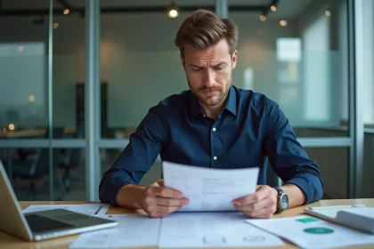 Homme d affaires étudiant une fiche de paie dans un bureau