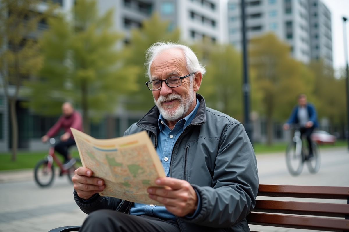 Homme âgé lisant une carte dans un parc urbain