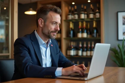 Homme d'affaires en costume dans un bureau de champagne