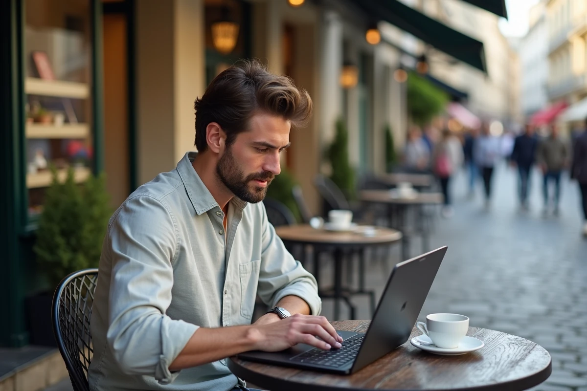 Homme recherchant des offres vacances du comité d'entreprise GMF depuis un café en ville