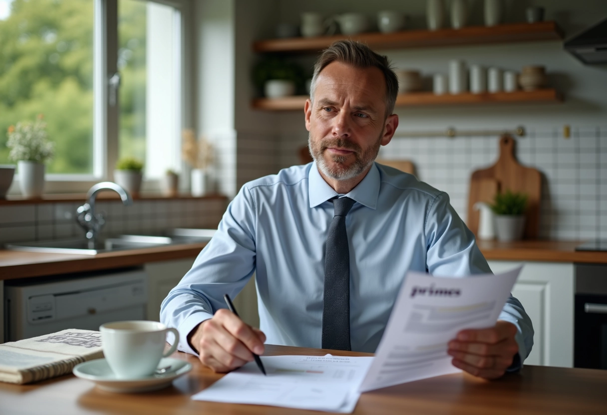 Homme à la maison examinant une fiche de paie et primes
