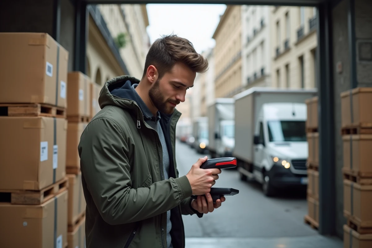 Jeune homme scanne un colis dans un entrepôt parisien
