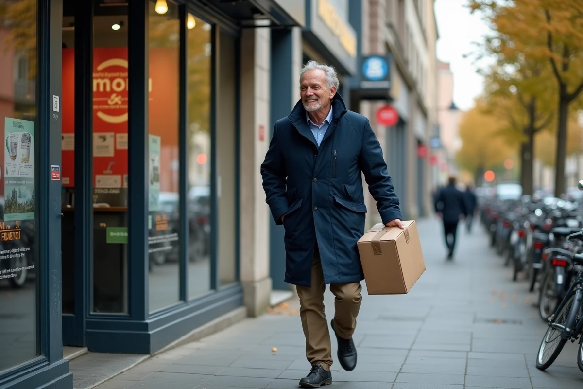 Homme avec colis sortant d