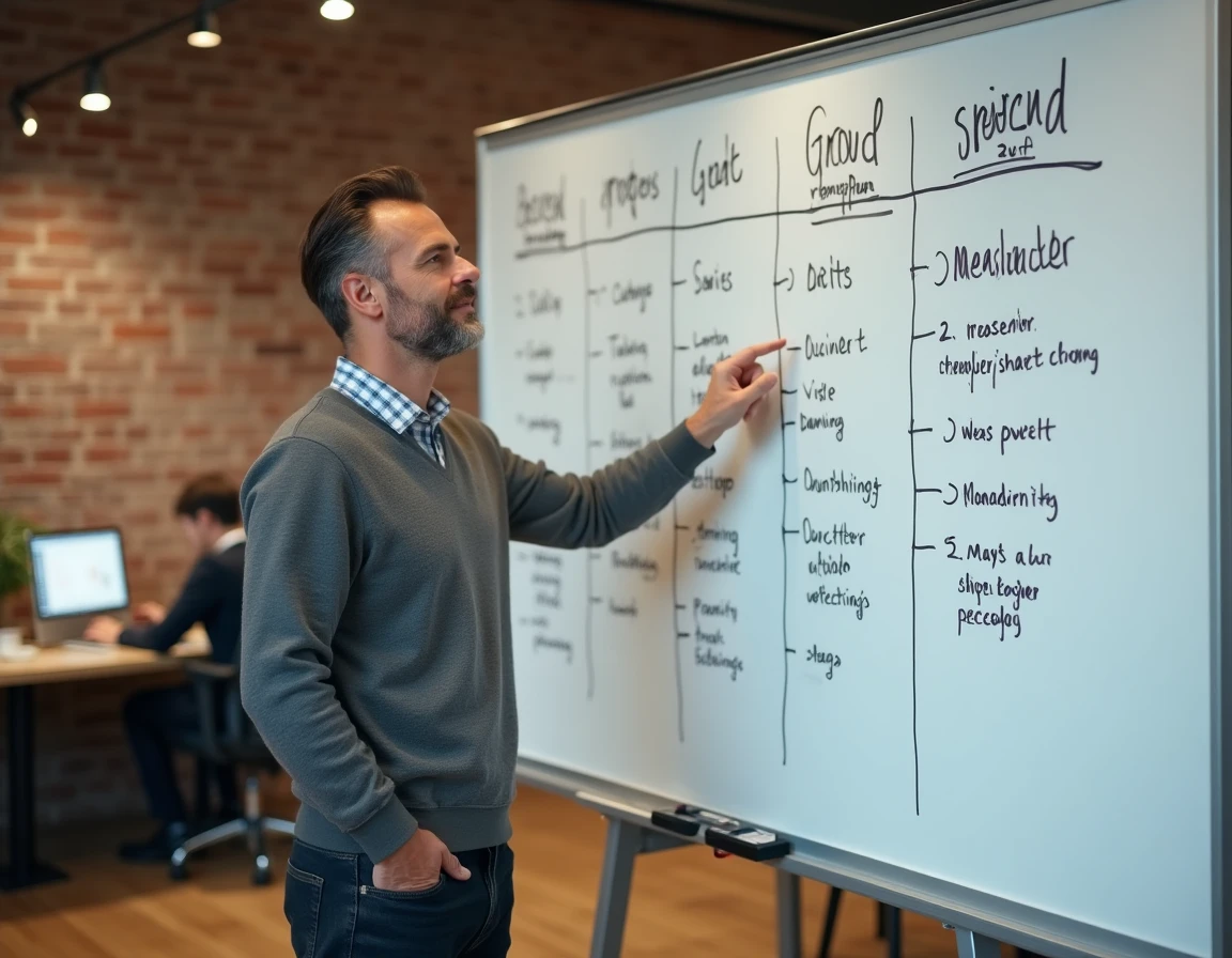 Homme présentant un tableau blanc avec des objectifs et étapes de développement personnel mesurables