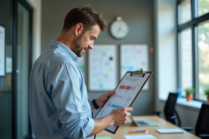 Homme d'âge moyen examinant un diagramme de workflow dans un bureau moderne