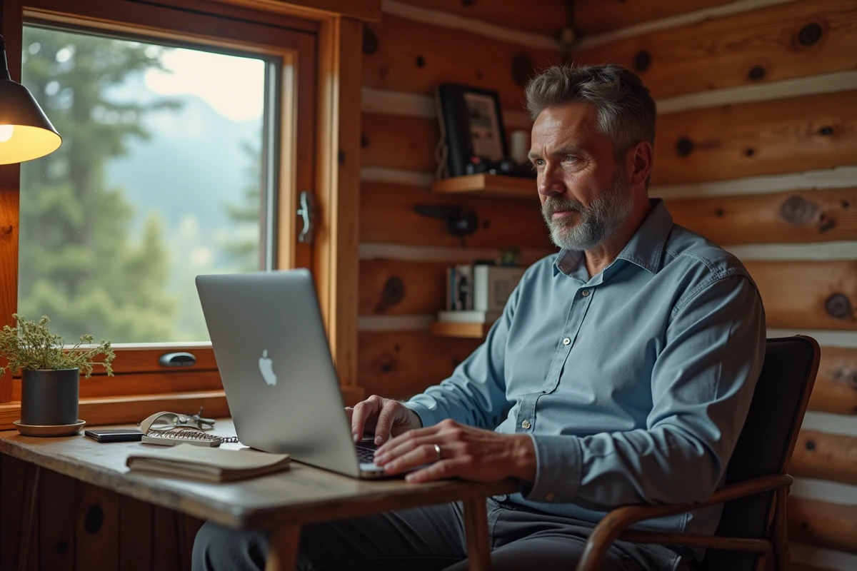 Homme en visioconference dans une cabane de montagne chaleureuse