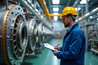 Ingénieur en bleu près d'un réacteur fusion dans l'atelier ITER