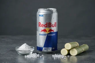 Canette Red Bull condensée posée sur un plan de travail en béton avec des ingrédients bruts comme la taurine et la caféine