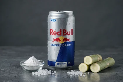 Canette Red Bull condensée posée sur un plan de travail en béton avec des ingrédients bruts comme la taurine et la caféine