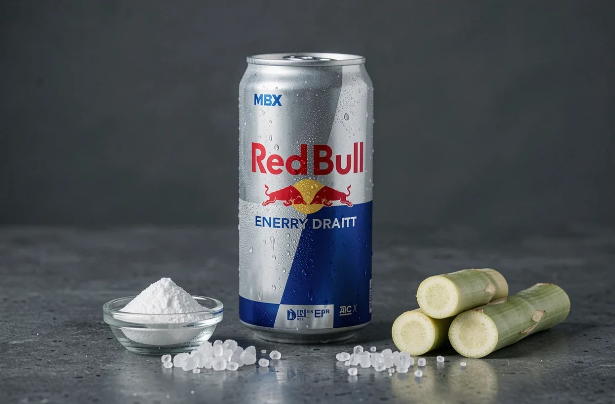 Canette Red Bull condensée posée sur un plan de travail en béton avec des ingrédients bruts comme la taurine et la caféine