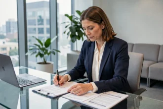 Femme professionnelle préparant les pièces justificatives pour une inscription à un événement VIP d'entreprise en 2026