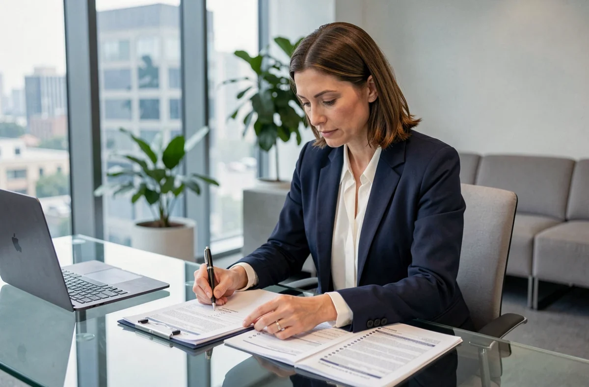 Femme professionnelle préparant les pièces justificatives pour une inscription à un événement VIP d'entreprise en 2026