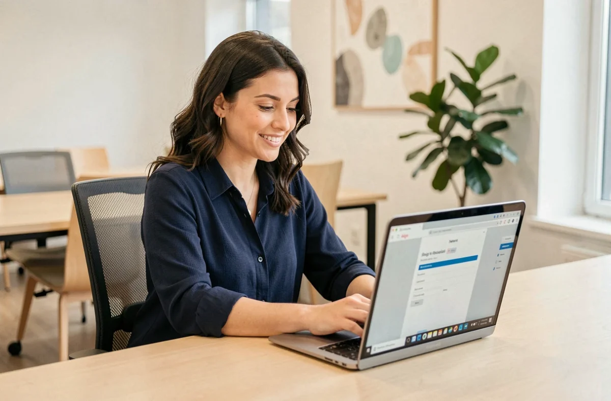 Femme qui s'inscrit en ligne au comité d'entreprise Loxam sur un ordinateur portable dans un bureau moderne