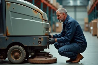 Mécanicien inspectant une autolaveuse Speed Scrub Rider d'occasion dans un entrepôt industriel