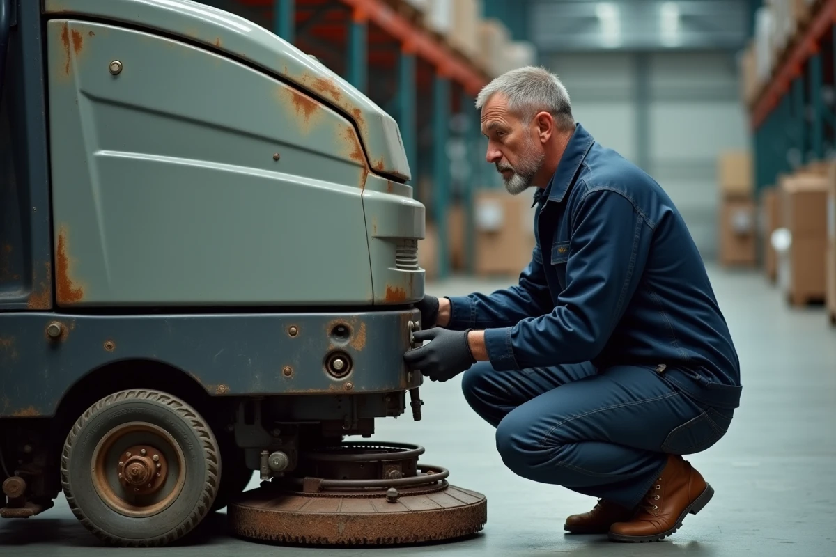 Mécanicien inspectant une autolaveuse Speed Scrub Rider d'occasion dans un entrepôt industriel