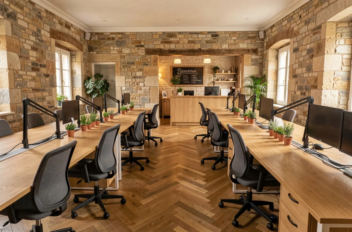 Vue intérieure d'un espace de coworking rénové à Saint-Brieuc avec murs en pierre, parquet en chêne et bureaux en bois
