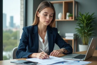 Jeune femme d'affaires en bureau moderne en train de revoir des plans