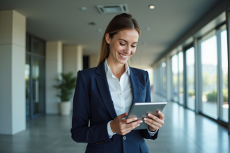 Jeune femme d'affaires en costume dans un lobby moderne