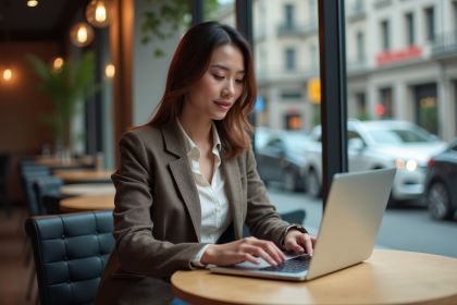 Jeune femme en blazer au café utilisant son smartphone