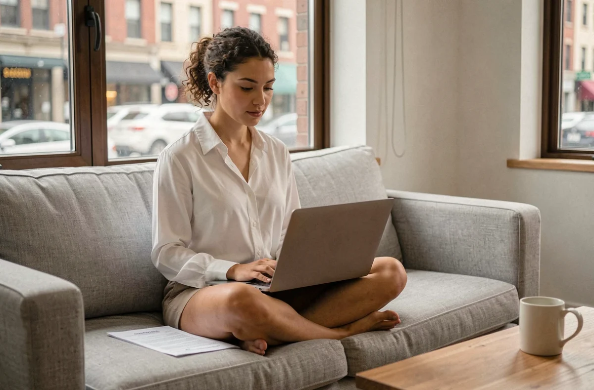 Jeune femme en télétravail consultant son contrat de travail à temps partiel depuis son domicile