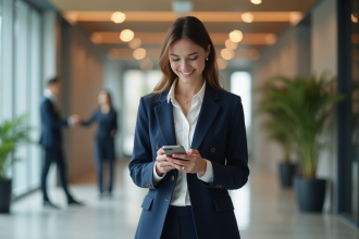 Jeune femme souriante après entretien dans un bureau moderne