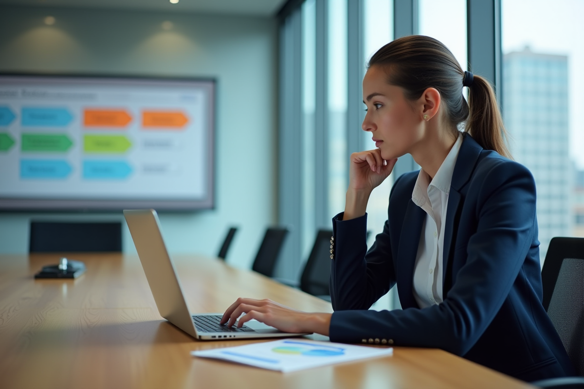 Jeune femme en réunion analysant un processus sur son ordinateur portable