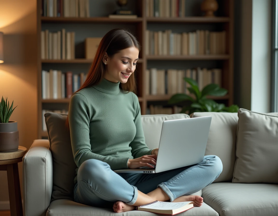 Jeune femme travaillant sur un plan d'action structuré avec un ordinateur portable et un carnet de notes chez elle