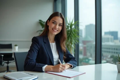 Jeune femme signant un contrat de prêt dans un bureau moderne