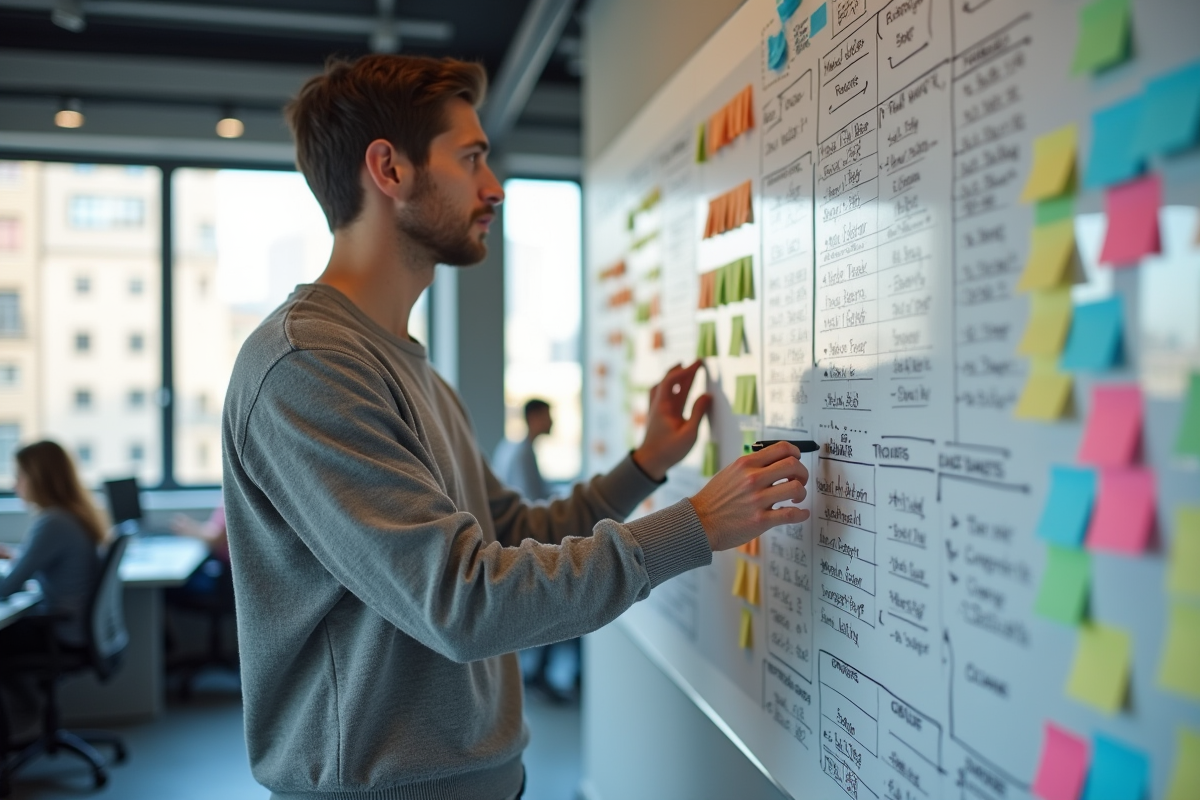 Jeune homme réfléchissant devant tableau de planning et graphiques