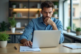 Jeune homme en bureau analysant des rapports SEO