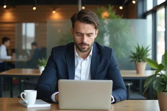 Homme entrepreneur concentré sur son ordinateur dans un espace coworking
