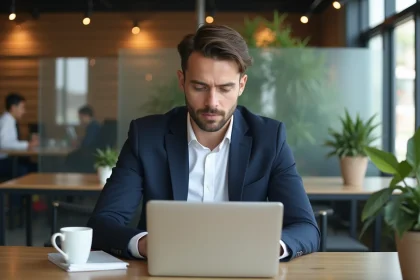 Homme entrepreneur concentr&eacute; sur son ordinateur dans un espace coworking
